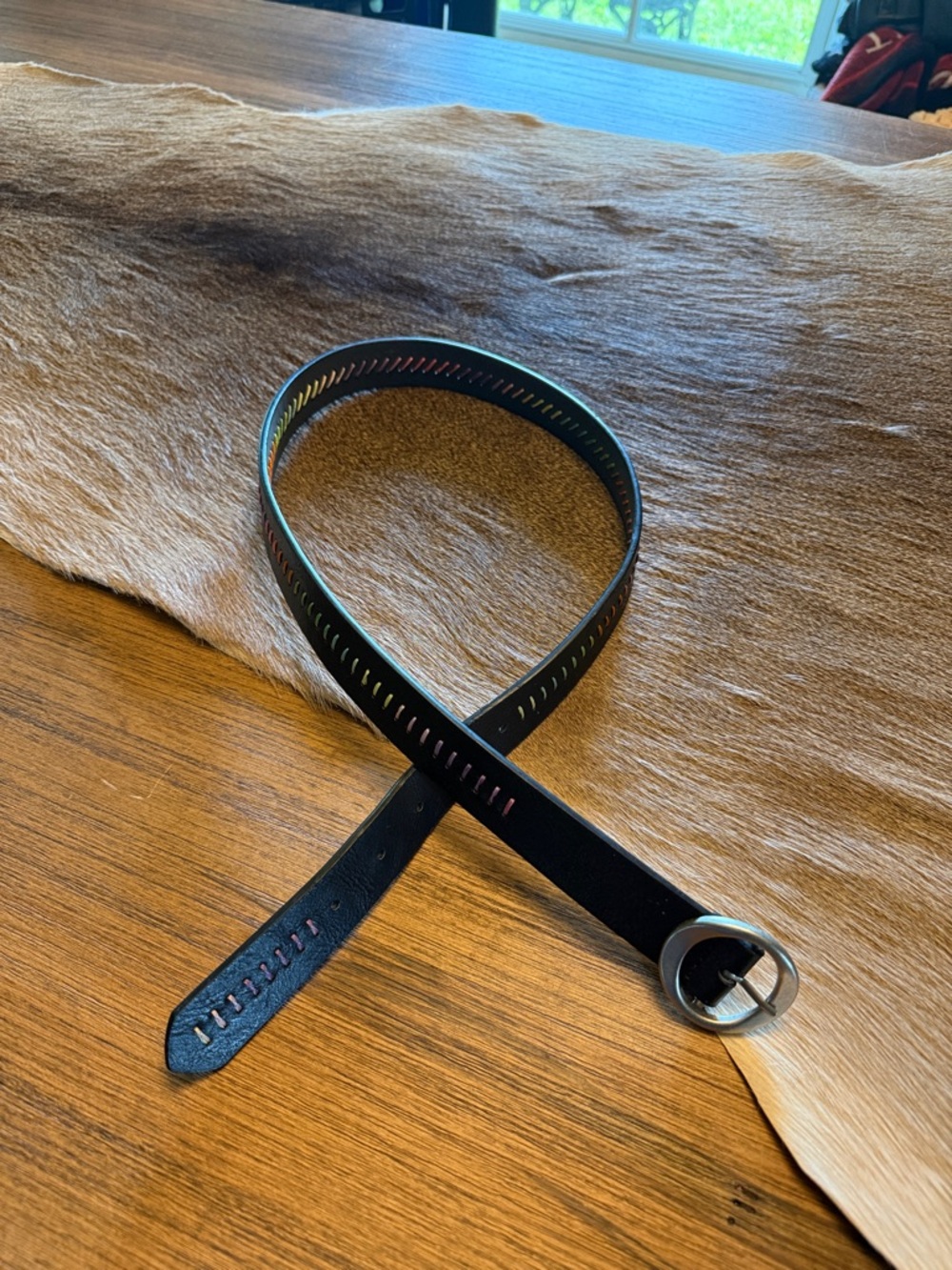 Black Leather Belt with rainbow lines and a Round Silver Buckle